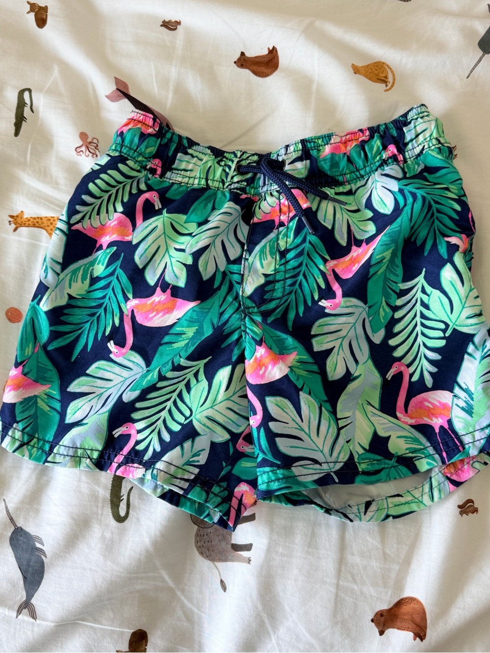 Carter's Navy Swim Shorts with Pink Flamingo & Green Leaves